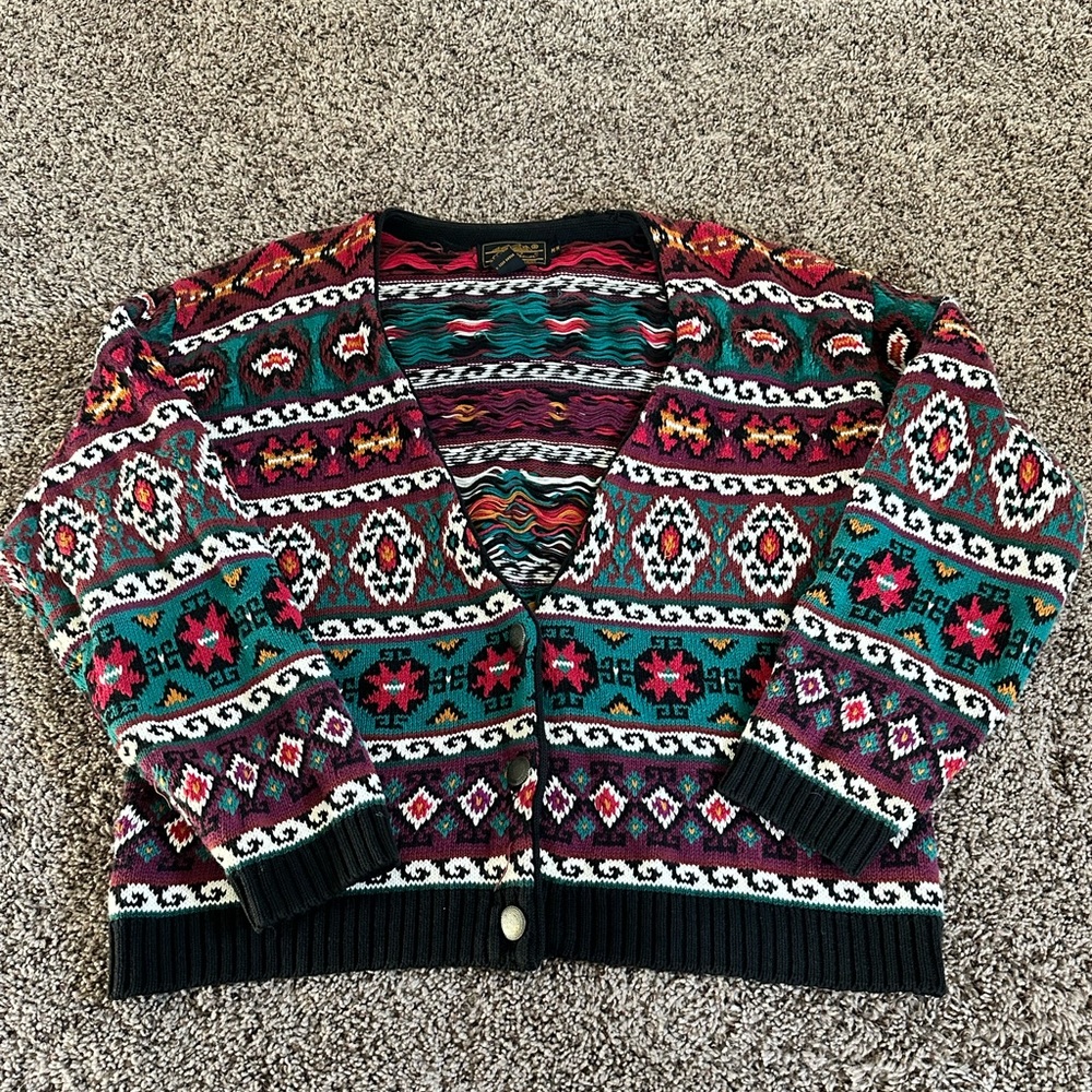 Eddie Bauer Cardigan Sweater Multicolor Tribal Print Size Medium 100% Cotton